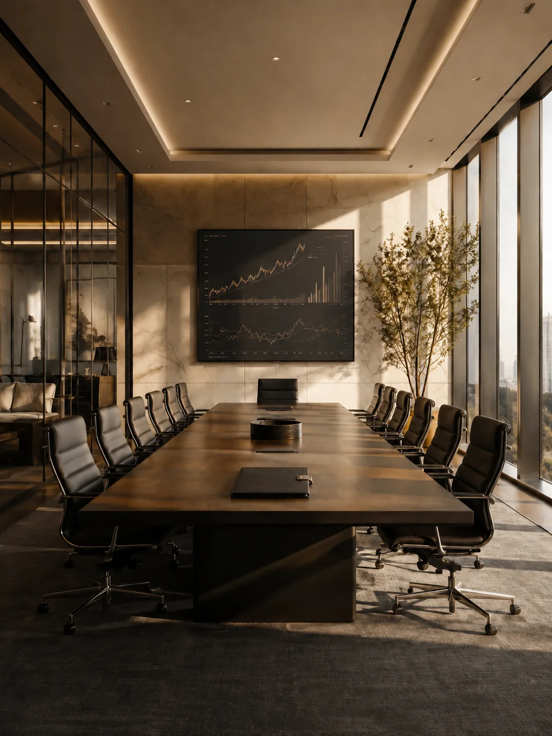 Boardroom with market performance charts on the wall display